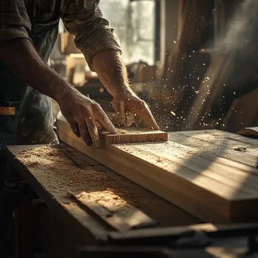 Midjourney_ Skilled carpenter meticulously crafting wood in a rustic workshop_