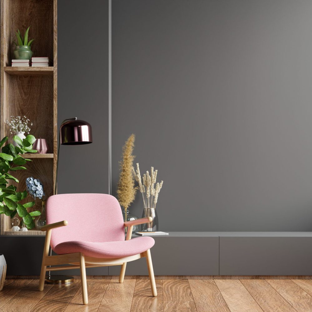 Colorful interior with a pink armchair on empty dark wall background. Colorful interior with a pink armchair on empty dark wall background,3D rendering